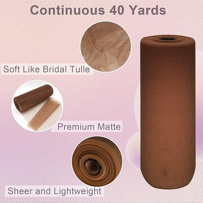 Brown Tulle Fabric Roll Spool Bolt (54 Inch by 40 Yards) Large Tulle Wedding Party Decoration, Tutu Skirt, Table Runner, Gift Wrapping, Bridal Shower, Soft & Drape (Brown)