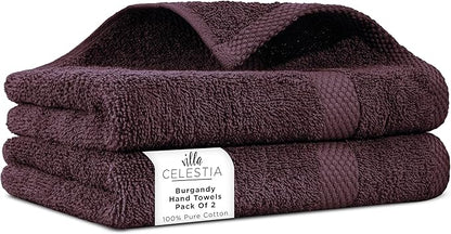 100% Cotton Hand Towel Set of 2, (16 x 28 inches) Sustainable, Soft, Highly Absorbent, Quick Drying, Combed Cotton Hand Towels Pack of 2 Ideal for Hotels, Spa, Bathroom, Dorm, Burgandy