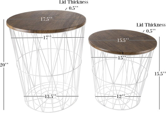 End Tables Set of 2 - Nesting Tables with Removable Wood Tops and Metal Wire Baskets for Blanket Storage - Round Side Furniture for Living Room, Bedroom, or Home Office by Lavish Home (Brown/White)
