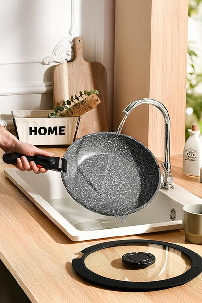 7pcs Pots and Pans Set Non Stick from France, Ceramic Cookware Set with Removable Handle, Induction RV Kitchen Cookware Set, Stackable, PFOA and PFAS Free, Oven Safe, Black Granite
