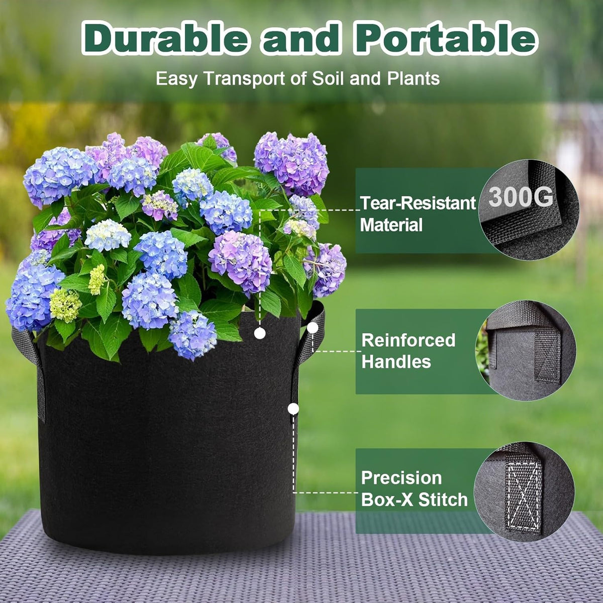 5 Pack 5 Gallon Grow Bags, Thickened Aeration Nonwoven Fabric Plant Pots with Handles, Heavy Duty 300G Garden Planting Bag for Tomato, Potato, Strawberry, Vegetable, Fruits and Flowers