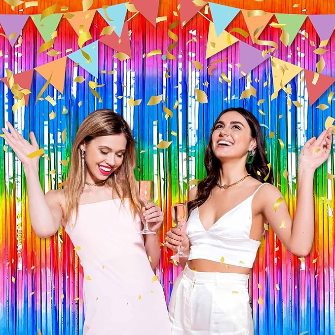 6 Pack Dark Rainbow Foil Fringe Curtains Backdrop, 3.28 x 8.2 Ft Metallic Streamers Tinsel Curtains Background for Photo Booth, Birthday, Weddings, Carnivals, Graduation, Themed Party Decorations