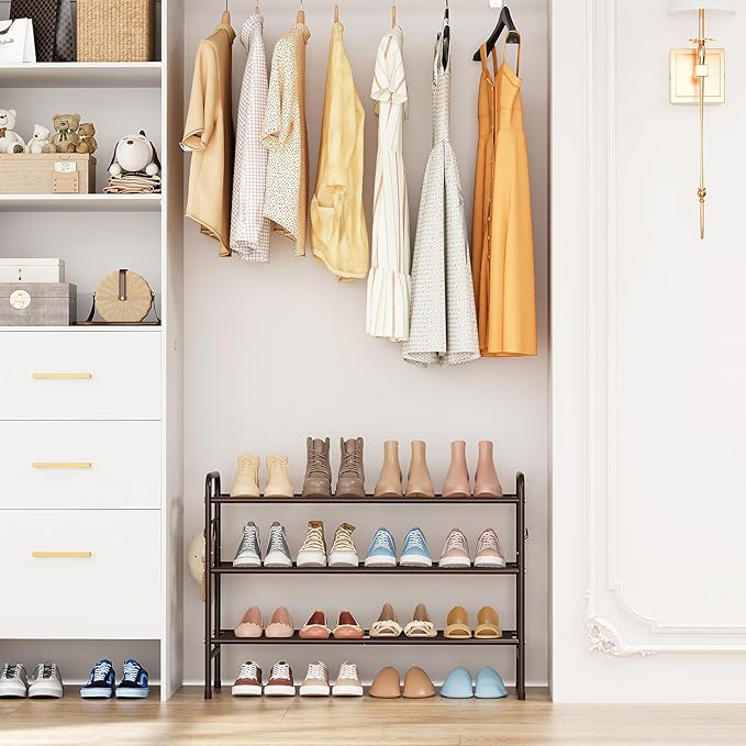 3 Tier Shoe Rack 33" Wide Metal Shoe Organizer Long Shoe Storage with 4 Side Hooks Sturdy Shoes Shelf for Front Door Entrance, Closet, Garage, Dorm, Brown
