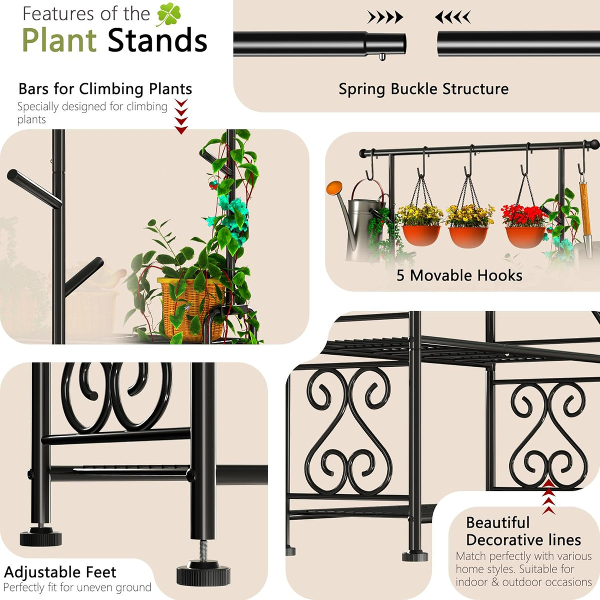 GIOTORENT Plant Stand Indoor Outdoor, 4-Tier Heavy Duty Metal Shelves, Display up to 17 Multiple Plants, Tall Plant Holder with Plant Hanger, Suit for Patio Living Room Garden Balcony, 5 Hooks, Black