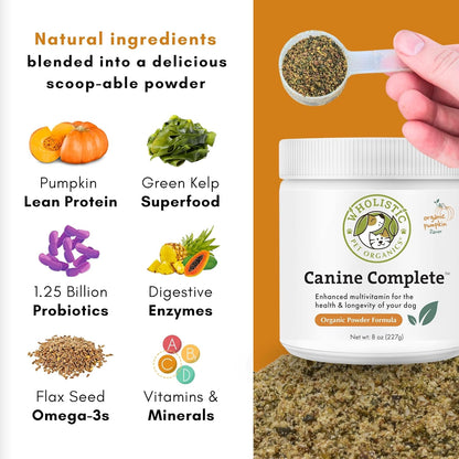 Wholistic Pet Organics Canine Complete - Dog Multivitamin Powder - 8 Oz - Daily Dog Vitamins and Supplements for Homemade Food - Immune System, Skin, Coat & Overall Health - Small and Large Breed