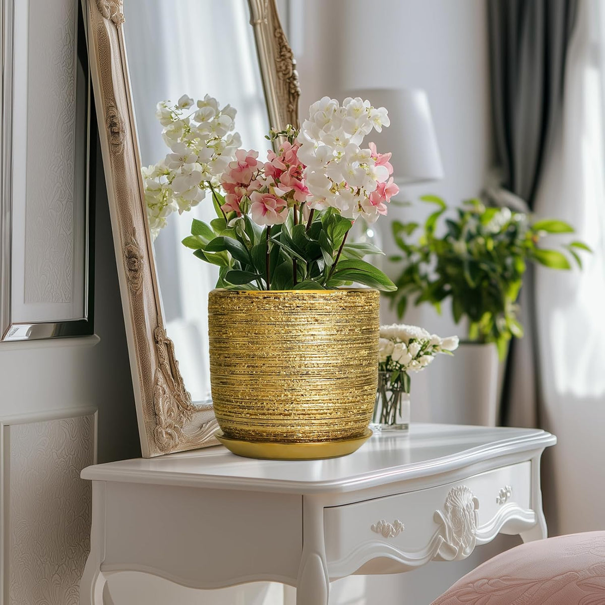 8 Inch Plant Pot - Ceramic Planter with Drainage Hole and Saucer, Modern Round Planter for Indoor Flowers, Gifts for Plant Lovers, Home House Office Room Decor, Gold