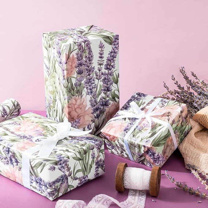 WRAPAHOLIC Floral Wrapping Paper Roll - Mini Roll - 17 Inch x 33 Feet - Lavender Flower Wrapping Paper, Perfect for Girls Women Birthday, Wedding, Bridal Shower