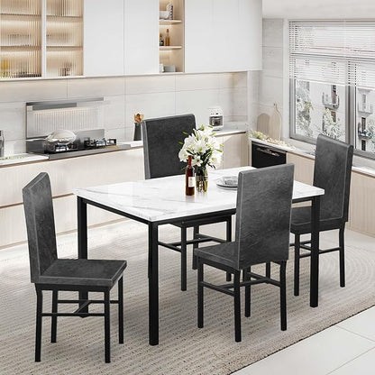 Dining Table Set for 4, 47.2" Faux Marble Kitchen Table Set with 4 Upholstered Velvet Chairs, Dinette Table Set for Dining Room, Kitchen, Breakfast Corner (Gray)