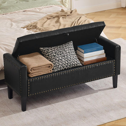 WUTUTUEE 47" Modern Water-Resistant Faux Leather Storage Ottoman Bench with Wooden Legs, Upholstered End of Bed Bench for Bedroom, Living Room or Entryway, Black