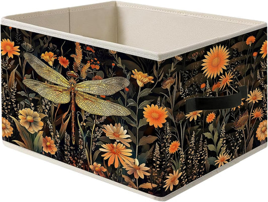 William Morris-style Vintage Dark Cottagecore Floral Dragonfly Storage Bin Box with Handles,Rustic Flower Dragonfly Foldable Organizer Basket Toybox for Girl Dorm Bedroom Bath Clothes Toys Books