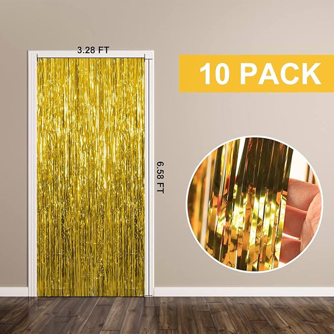 10 Pack Foil Curtain Backdrop Gold Metallic Tinsel Foil Fringe Curtains Photo Booth Props for Birthday Wedding Engagement Baby Shower Bachelorette Christmas Holiday Celebration Party Decorations