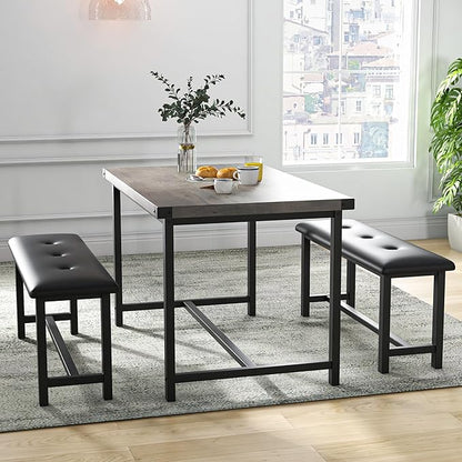 Dining Table Set for 4, Dining Room Table Set with 2 Upholstered Benches, Small Kitchen Table Set, 3 Piece Farmhouse Rectangular Dining Room Table Set, Space Saving Dining Table for Apartment