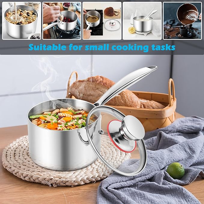 E-far 3-Quart Saucepan, Tri-Ply Stainless Steel Sauce Pan with Glass Lid, Small Cooking Induction Pot Compatible with All Cooktops, Non Toxic, Oven & Dishwasher Safe