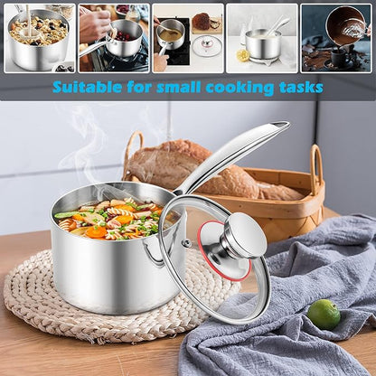 E-far 3-Quart Saucepan, Tri-Ply Stainless Steel Sauce Pan with Glass Lid, Small Cooking Induction Pot Compatible with All Cooktops, Non Toxic, Oven & Dishwasher Safe