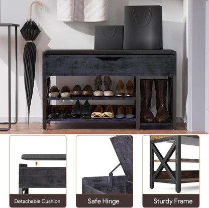 Shoe Bench, Lift Top Shoe Storage Bench, Adjustable Shelf Entryway Bench with Padded Cushion for Entry, Closet, Living Room, Hallway, 2-Tier Shoe Rack Organizer(Black, 35.5“W)