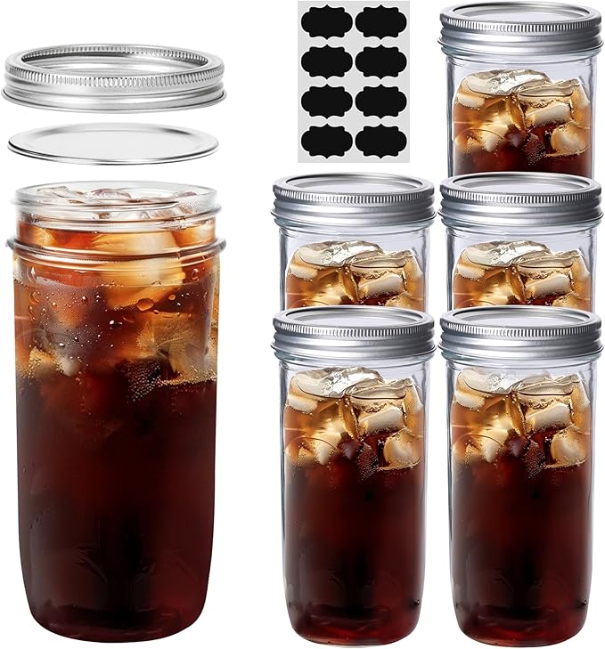 ComSaf 24 oz Mason Jars Wide Mouth 6 Pcs, Large Canning Jars with Seal Bands, 24 oz Glass jar with Lid for Jam, Sauce, Juice, Coffee, Pickling, Fruit, Dessert, Kitchen Storage, Vanilla Extract
