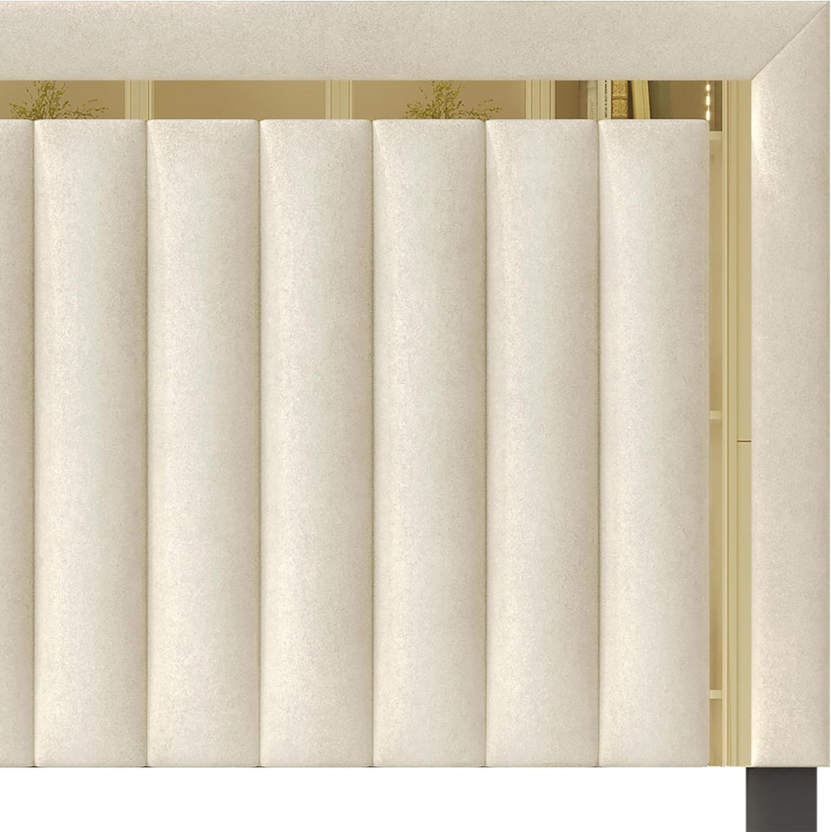 HOME DESIGN Olathe King Size Upholstered Panel Bed Frame, Vertical Channel Tufted Headboard with Gold Metal Accent, Velvet Fabric, Platform Design, Box Spring Required, Beige
