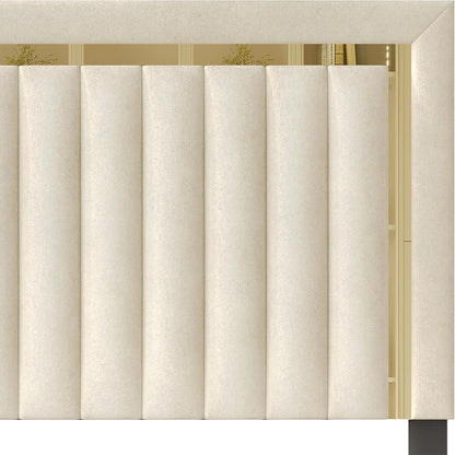 HOME DESIGN Olathe King Size Upholstered Panel Bed Frame, Vertical Channel Tufted Headboard with Gold Metal Accent, Velvet Fabric, Platform Design, Box Spring Required, Beige