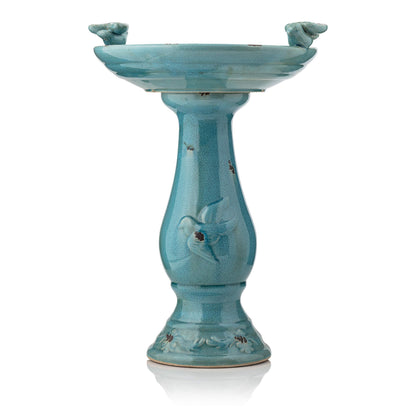 Alpine Corporation 25" Tall Outdoor Ceramic Antique Pedestal Birdbath with 2 Bird Figurines, Turquoise
