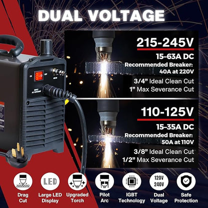 LTP6300DCNC | 63A CNC-Enabled Plasma Cutter, Drag-Cut Enables, Non-HF Blowback Pilot Arc, 3/4" Clean (1" Sever), THC/ARC OK, Dual-Voltage 110/220V, LED Controls, Portable Air Plasma Cutter