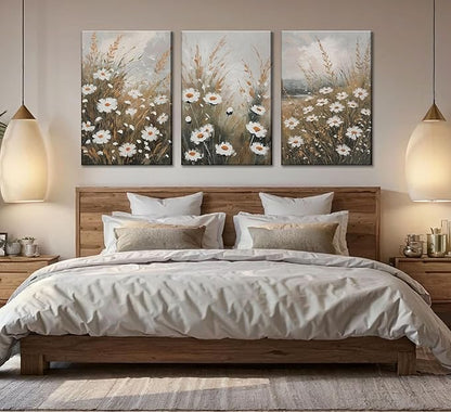 3 Pcs Vintage Wildflowers Field Canvas Wall art Farmhouse Rustic Wildflower Nature Landscape Painting Pictures Wall Decor Posters Print Artwork for Living Room Bathroom Home Decoration