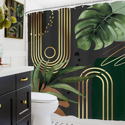 Glawry Dark Green Gold Boho Mid Century Shower Curtain Extra Long Abstract Minimalist Geometric Tropical Modern Leaf Bathroom Simple 72Wx78L Inches Bath Accessories Art Home Decor Fabric 12 Pack Hook