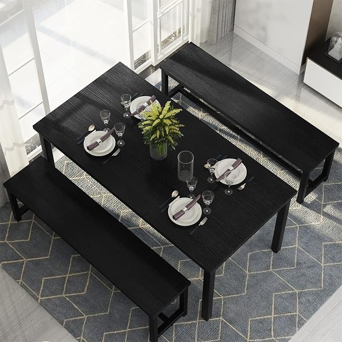 Recaceik Dining Room Table Set with 2 Benches, Kitchen Dining Table Set for 2-4 Person, Space Saving Kitchen Table and Chair Set with Metal Frame for Dining Room, Small Space, Breakfast Nook(Black)