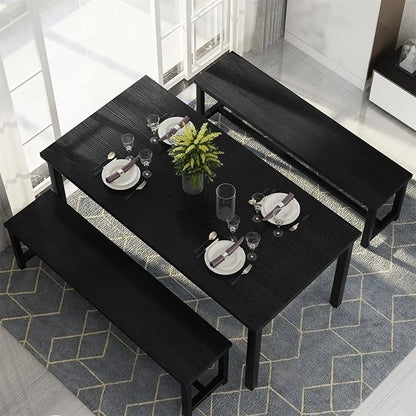 Recaceik Dining Room Table Set with 2 Benches, Kitchen Dining Table Set for 2-4 Person, Space Saving Kitchen Table and Chair Set with Metal Frame for Dining Room, Small Space, Breakfast Nook(Black)