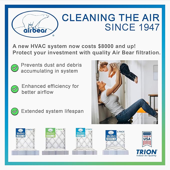 16x25x2 Air Filter MERV 8 (2-Pack) TRION Air Bear Pleated HVAC Air Filter Replacement (Actual Size: 15.50 x 24.50 x 1.75 Inches)