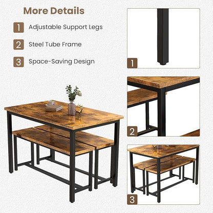 Recaceik Dining Table Set with Bench, 3 Pieces Dining Furniture Set Kitchen Table Set Sturdy Structure Space-Saving Dinette for Kitchen, Dining Room Breakfast Nook, Living Room, Rustic Brown