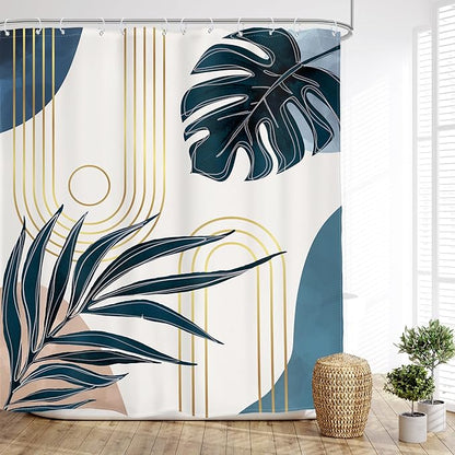 Glawry Boho Navy Blue Shower Curtain Mid Century Abstract Tropical Palm Leaf Modern Minimalist Plant Botanical Bathroom Geometric 60Wx72L Inches Bath Accessories Art Home Decor Fabric 12 Pack Hooks
