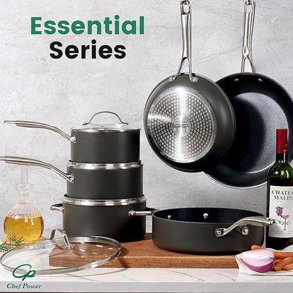 Chef Power Hard Anodized Nonstick Cookware Sets 10 Piece with Stainless Steel Handle, Pots and Pans Set Non Stick, Kitchen Induction Cooking Sets, Dishwasher Safe, Oven Safe, Essential