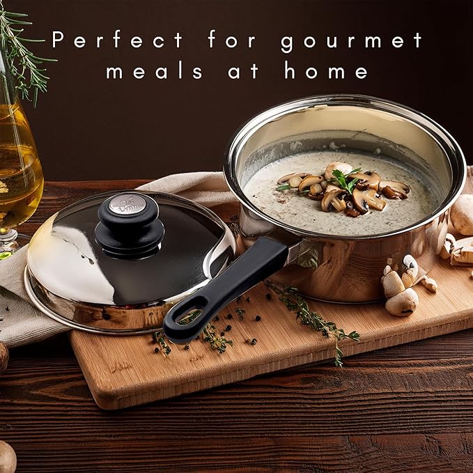 Lynns Saturn 7 Piece Cookware Set; Stainless Steel, PFTE & PFOA Free, Freezer to Oven Safe, Induction Compatible; 1QT & 2QT Saucepans, 5QT Dutch Oven, 10" Open Frypan