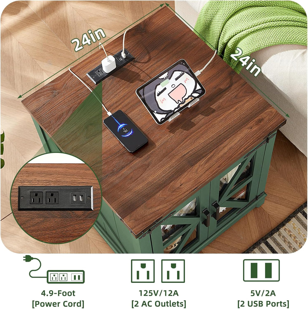 Joaxswe Farmhouse End Table, 24" Large Sofa Side Table with Charging Station Glass Barn Door, Wood Nightstand with Adjustable Storage Shelf, Square Bedside Table for Living Room, Bedroom, Office-Green