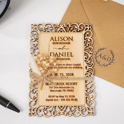 Personalized Wedding Invitations, Laser Cut Wedding Invitation, Flower Wooden Invitations with Envelopes & Stickers, Easy Personalization, 5 Different Color Options