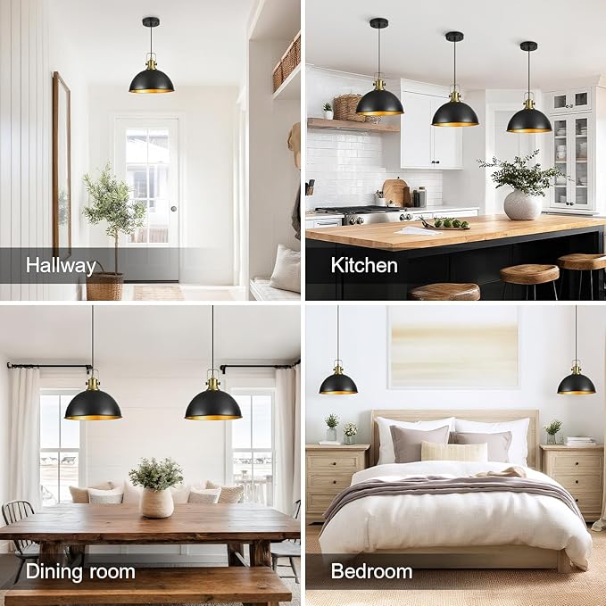 12 Inch Black Farmhouse Pendant Lights for Kitchen Island Industrial Haning Lamp Adjustable Height Vintage Dome Hanging Light Fixtures for Barn, Dining Room