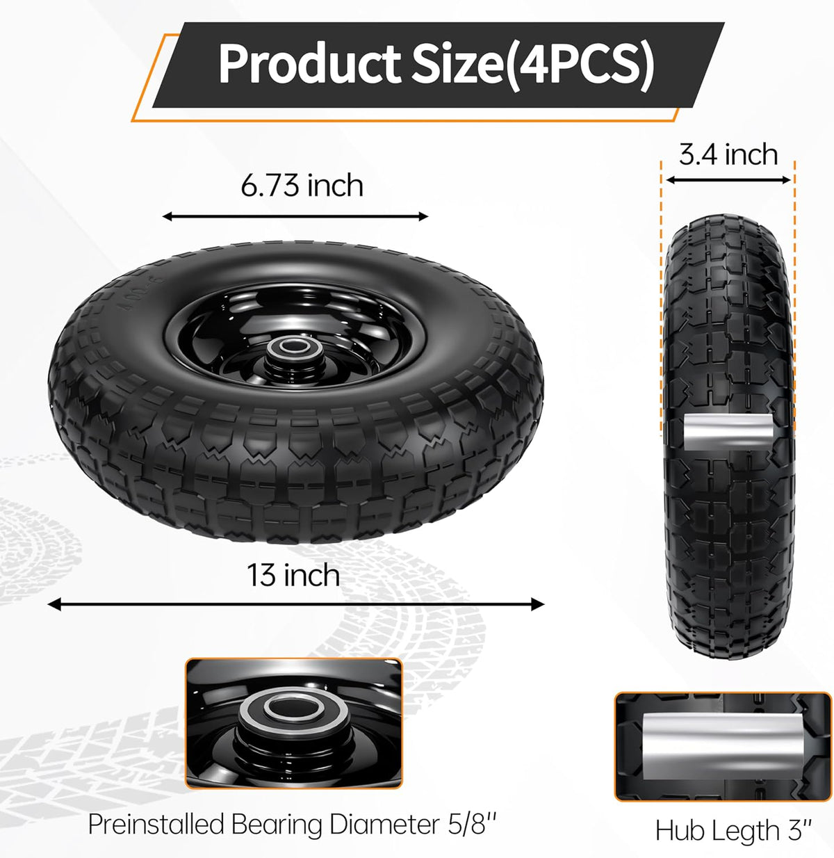 13" Flat Free Tire and Wheel,4.00-6 Wheelbarrow Wheels and Tires with 5/8" or 3/4" Bearings, 13"Solid Tires Replacement for Wheelbarrow, Gorilla Cart, Hand Trucks, Garden Carts 4 Pack
