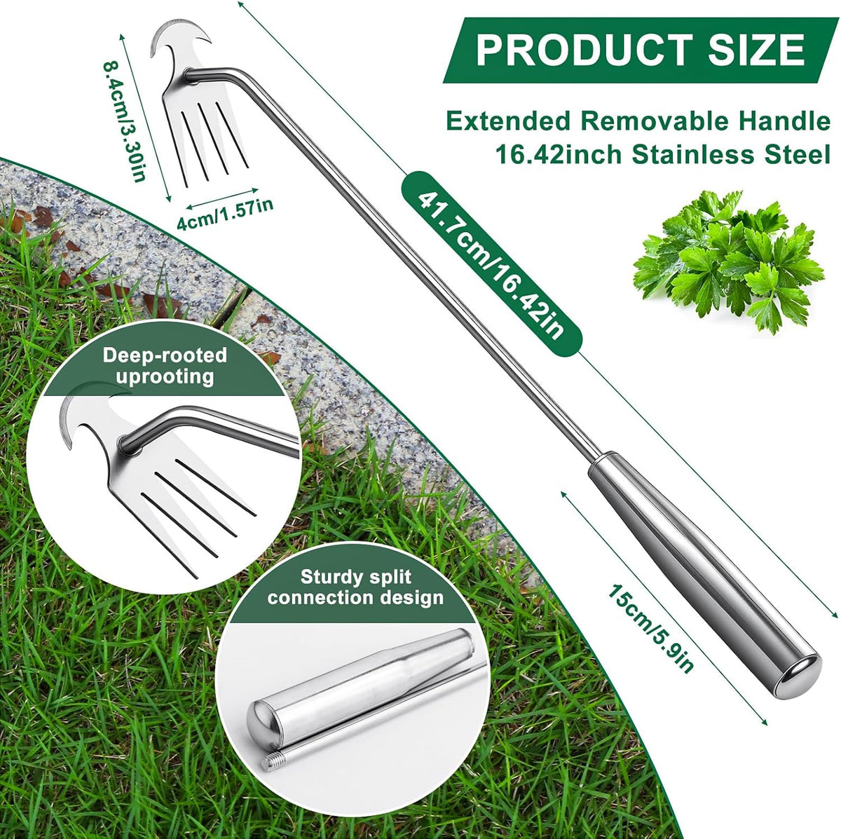 Hand Weeder Tool, Stainless Steel Handle Manual Weeder Tool, Pull Up Weeder Tool, Weed Discharge Tool, 4-Tooth Weeder Tool, Weeder Tool for Gardening 16inch