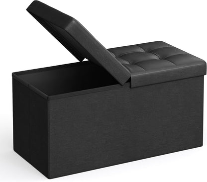 SONGMICS 30 Inches Folding Storage Ottoman Bench with Flipping Lid | Storage Chest Footrest Padded Seat, MDF Support, Ink Black, MINOTA Collection ULSF45BK