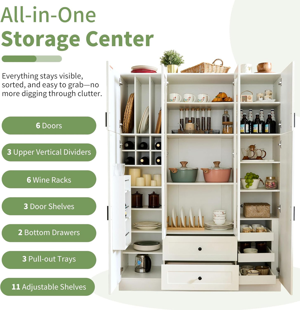 Modern Large Kitchen Pantry Organizer with Acrylic Doors, Wine Storage, and Adjustable Shelving for Ultimate Home Organization (White-M)