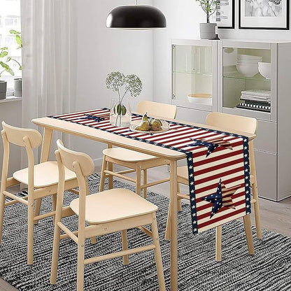 4th of July Table Runner, Patriotic Independence Day American Stars Stripes Flag Print Table Runner for Farmhouse Kitchen Dining Holiday Birthday Party, 13x36inch