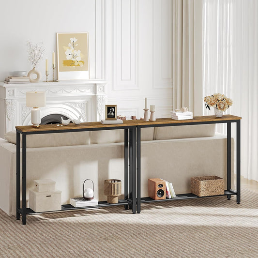 YATINEY Narrow Console Table, 2-Tier Small Sofa Table, 39.4" Thin Entryway Behind Couch Table with Shelves, Industrial Hallway Table, for Living Room, Foyer, Rustic Brown and Black CT25BR