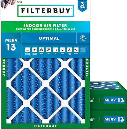 Filterbuy 20x24x4 Air Filter MERV 13 Optimal Smoke & Allergy Defense (3-Pack), Electrostatic Pleated HVAC AC Furnace Filters Replacement, Made in USA (Actual Size: 19.38 x 23.38 x 3.63)