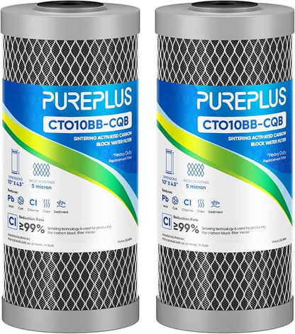 PUREPLUS 5 Micron 10" x 4.5" Whole House Activated Carbon Water Filter, Enhanced Lead Removal Carbon Replacement Cartridge, Compatible with GE GXWH40L, GXWH35F, BB10, FXHTC, FC15B, CTO10BB-CQB, 2PACK