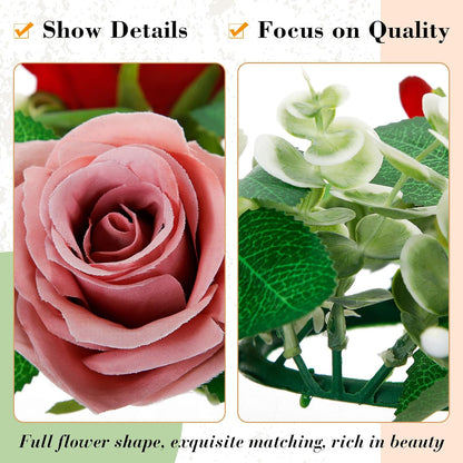 Yunlly 12 Pcs Rose Candle Rings with Flameless Candles Sets, Artificial Flower Eucalyptus Wedding Centerpiece 3 Inch Pillar Candleholders Wreaths for Wedding Party Mother's Day (Red，Pink，White)