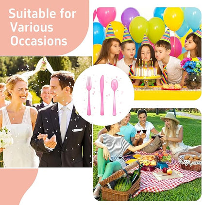 WDF 180 Pieces Pink Plastic Silverware Disposable - Clear Pink Cutlery Sets 60 Forks, 60 Knives and 60 Spoons - Heavy Duty Disposable Utensils for Wedding, Party