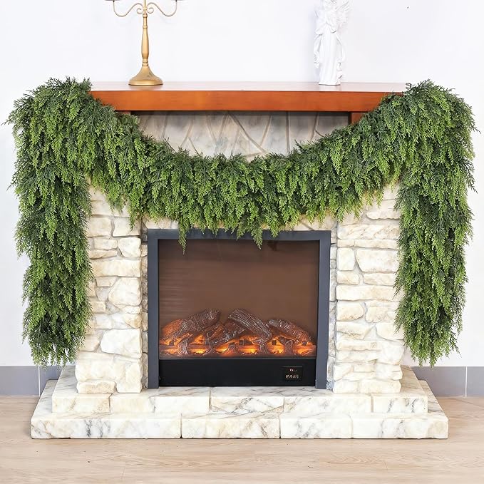 Christmas Cedar Garland - 9ft Artificial Cedar Garland Faux Lush Green Fake Pine Needles for Fireplace,Table,Window,Stairs,Mante,Holiday Indoor Outdoor Xmas Decor(2PCS)