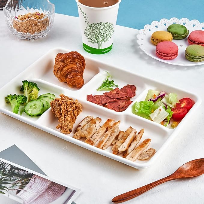ECOLipak 100% Compostable 5 Compartment Plates, 100 Pack Disposable Compartment Paper Plates, 12.5 * 8.6 inch Biodegradable Sugarcane Plates, Eco-Friendly School Lunch Trays