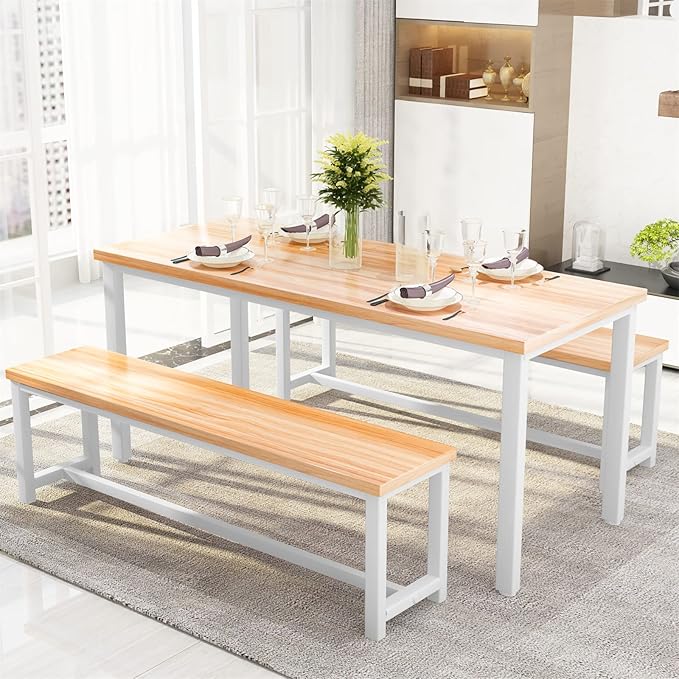 Recaceik Dining Table Set with Bench, 3 Pieces Dining Furniture Set Kitchen Table Set Sturdy Structure Space-Saving Dinette for Kitchen, Dining Room Breakfast Nook, Living Room, Beige