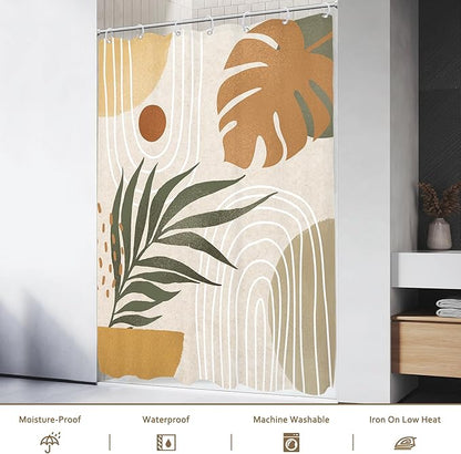 Glawry Beige Green Boho Shower Curtain Small Stall Abstract Mid Century Plant Tropical Palm Leaf Modern Minimalist Bathroom Geometric 48Wx72L Inches Bath Accessories Art Home Decor Fabric 8 Pack Hook